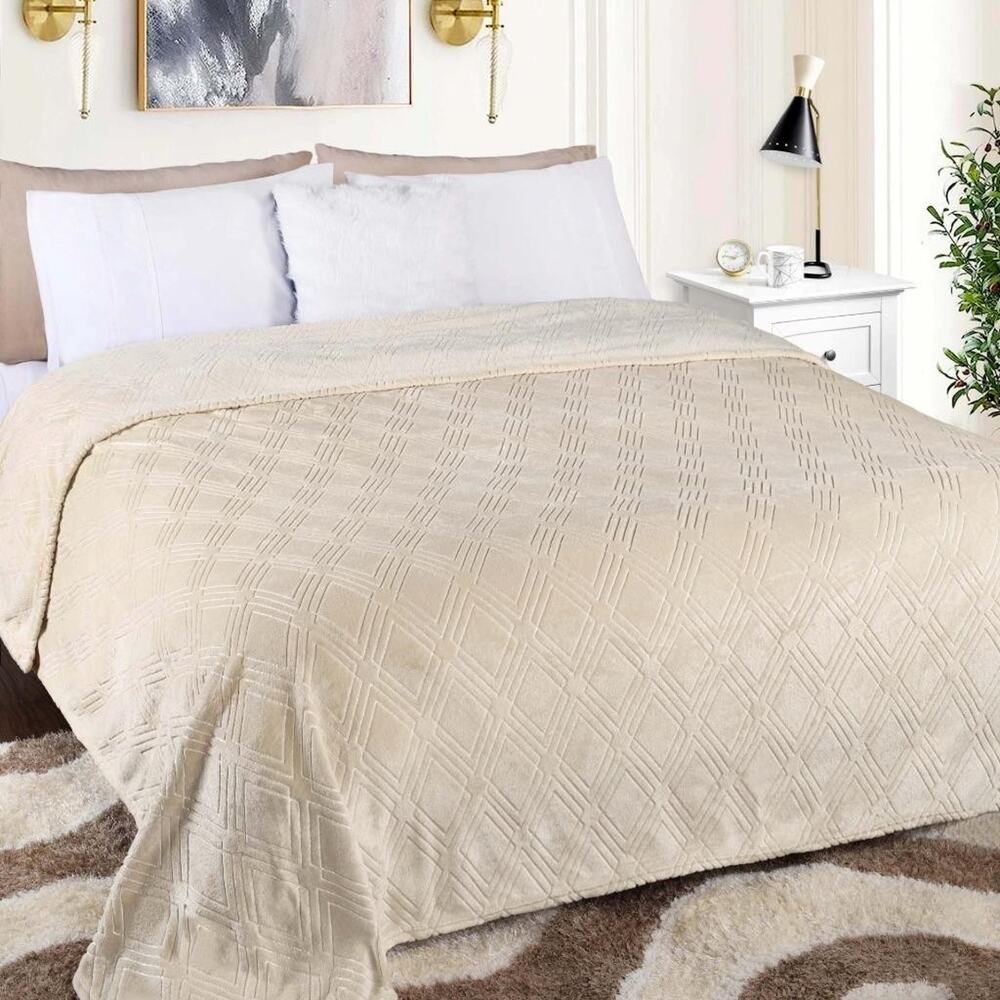Superior Cream Diamond Flannel Fleece Plush Ultra-Soft Twin Blanket